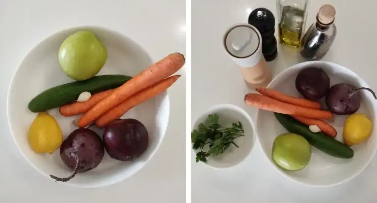 Ingredients for betts salad. Carrots, beets, lemon, cucumber, apple, parsley, garlic...
