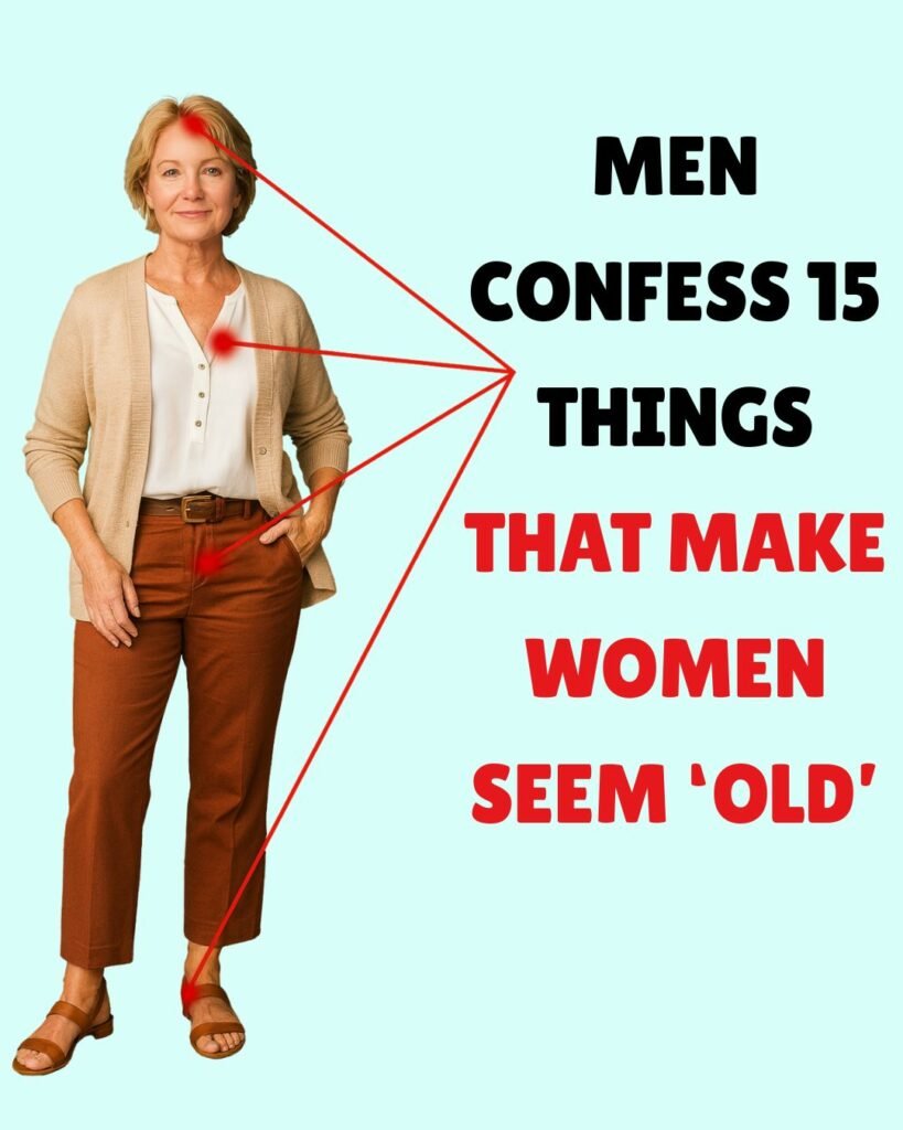 1. Woman with signs pointing to health issues associated with aging in women.