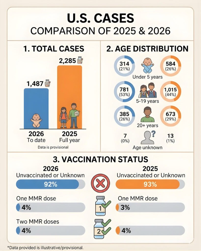 Infographic for us measels cases in 2025 and 2026