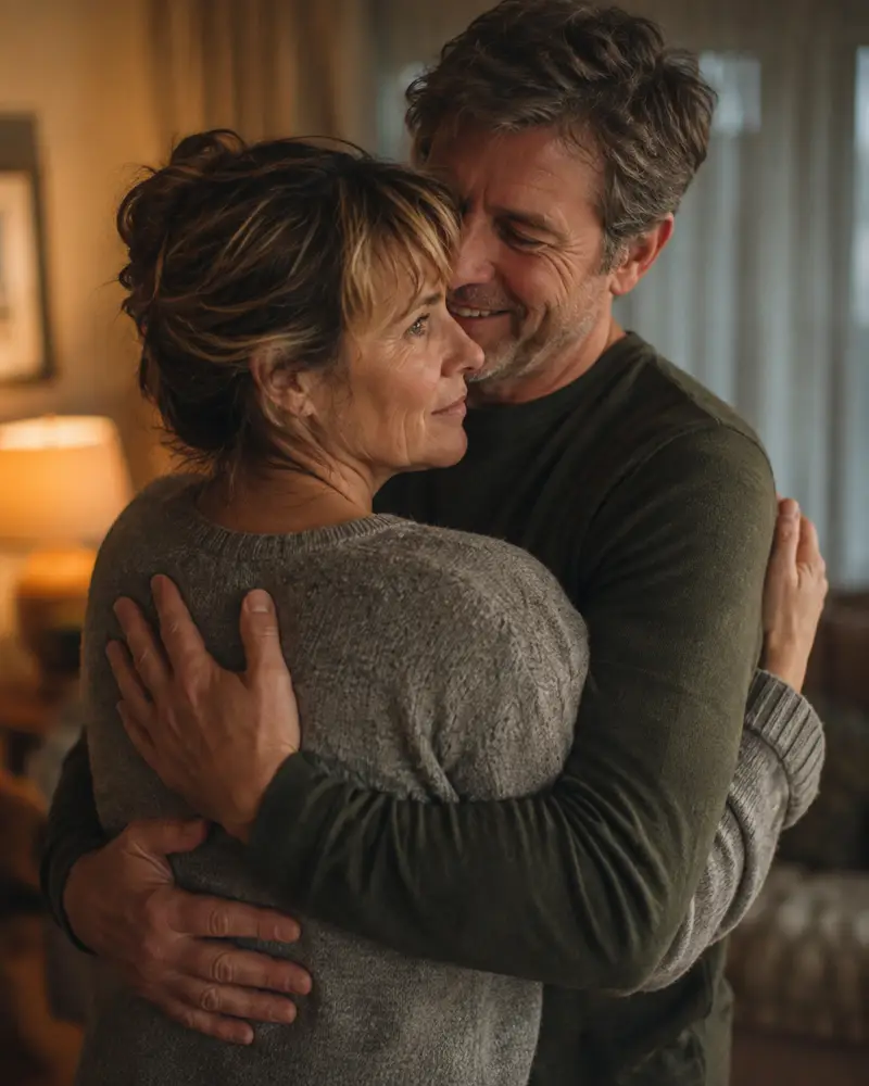 A man holds a woman close while she looks away past his shoulder.