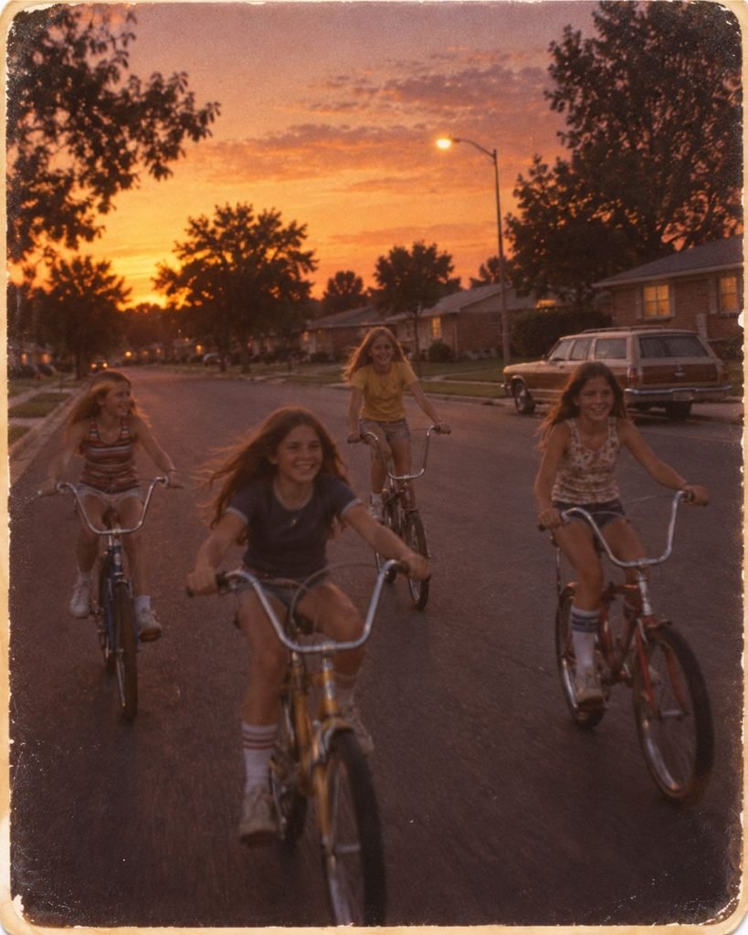 Four girls in the '70s riding banana-seat bikes down a suburban street at dusk with no adults in sight