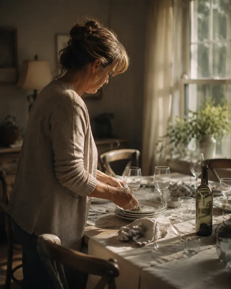 A woman clears glasses and plates from a table alone in the late morning light.