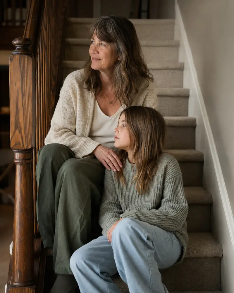 A woman sits calmly on the stairs with a child leaning against her shoulder.