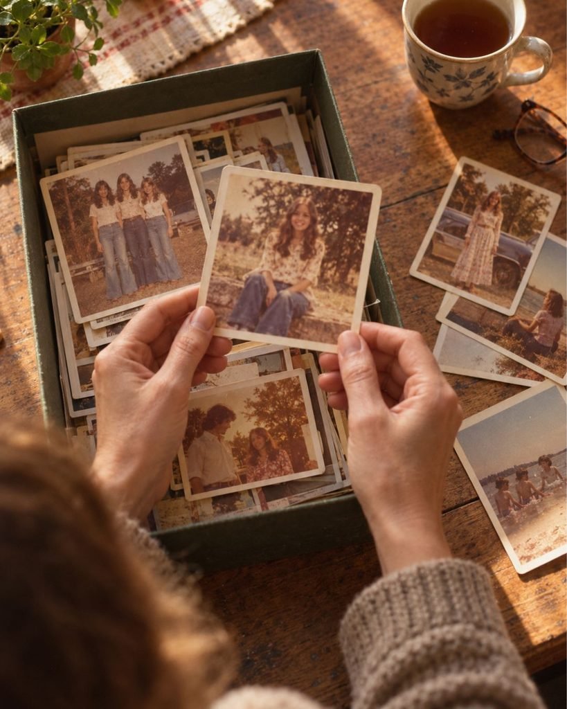Woman's hands sorting faded 1970s family prints of girls in flared jeans on a kitchen table