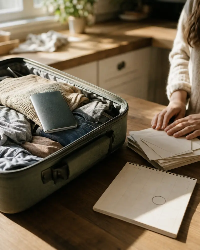 An open suitcase and passport sit on a table beside a stack of unopened envelopes.