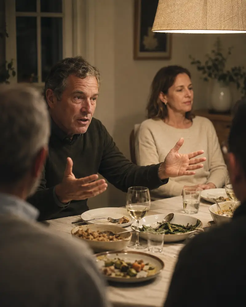 A man tells a story with wide gestures at a dinner table while the woman beside him sits quietly.