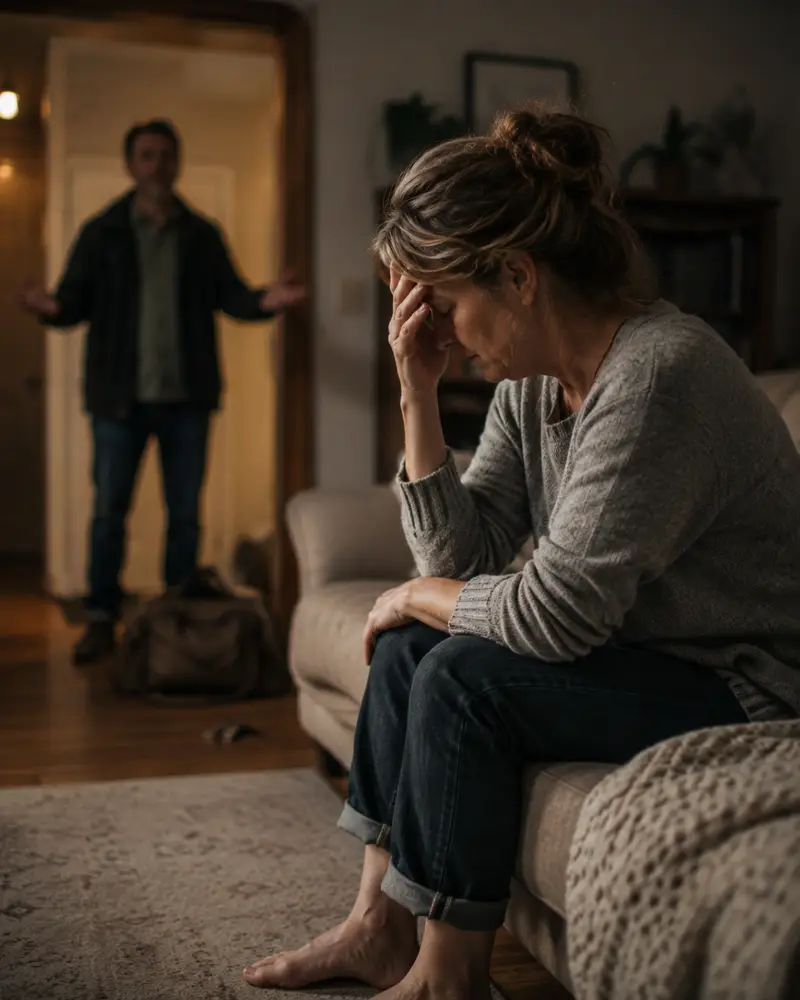 A man arrives home talking excitedly while a tired woman sits on the sofa still in her work clothes.