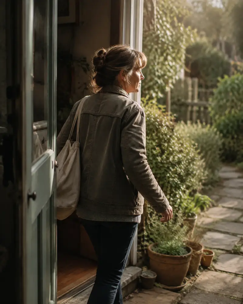 A woman steps out of her front door into morning light with a jacket and bag.